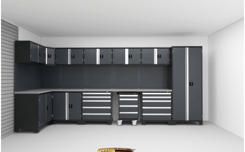 inside of a gaage with flooring and storage