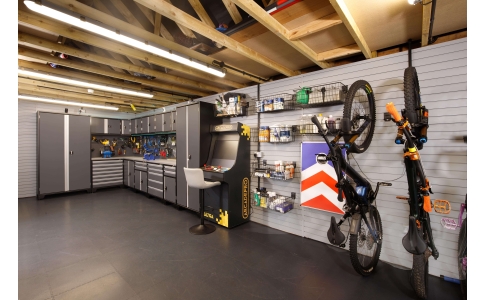 floor tiles with cabinet and bike