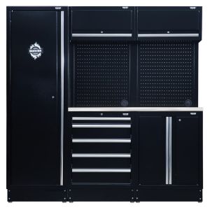 A black workbench with multiple drawers for storage and organization.
